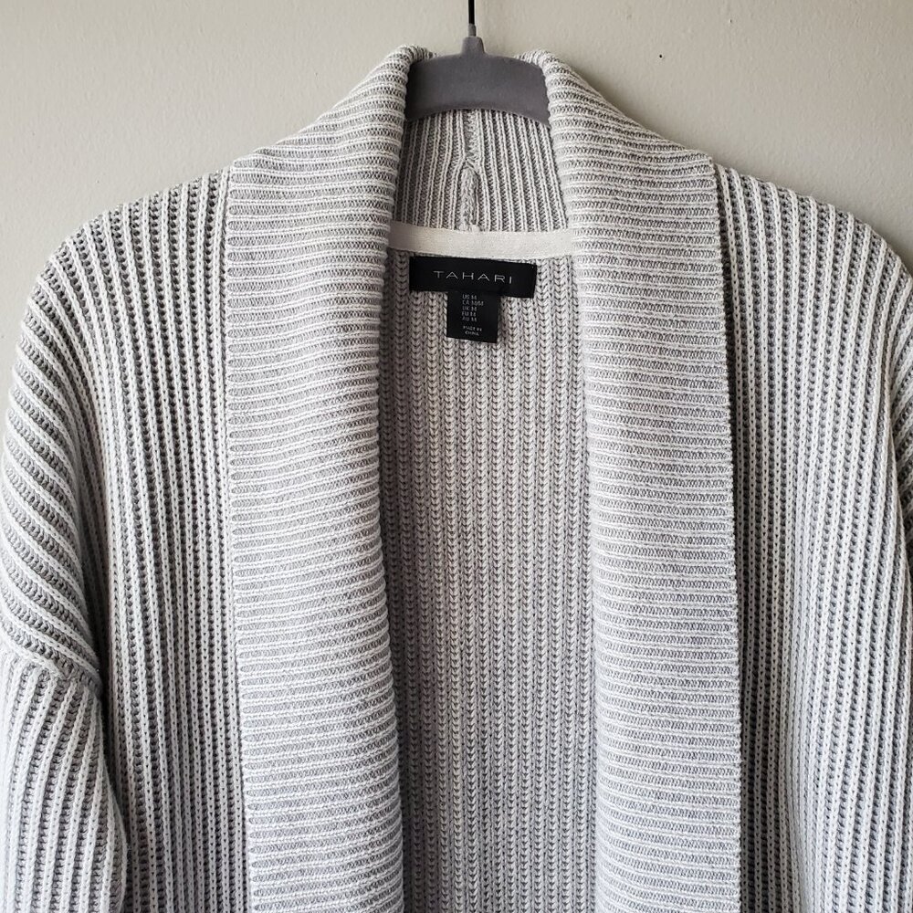 Tahari Gray Ribbed Open Front Cardigan M Cotton Blend Relaxed Fit Sweater - Picture 3 of 6